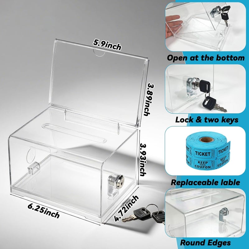 Ysglory Raffle Ticket Box Acrylic Donation Box with Lock Slot 6.3" x 4.7" x 3.9" Clear Suggestion Ballot Boxes with 500 Raffle Tickets Tips Jar for Fundraising Donation Voting Collection - Image 2